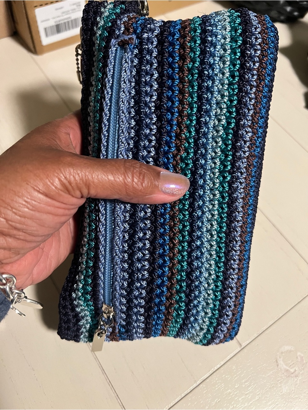 SAK Handcrafted Blue Striped Crochet Cosmetic Pouch - Picture 6 of 11